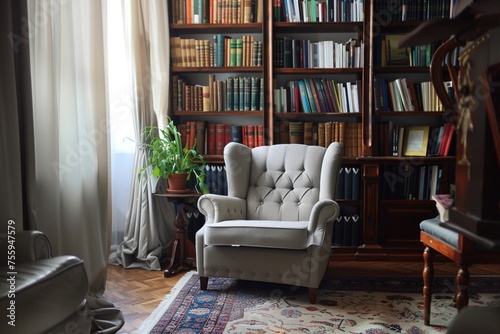 Bookcase with armchair in modern interior of room © Ahtesham