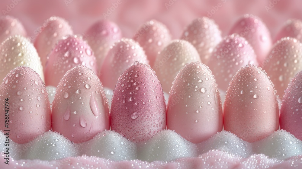 a group of pink and white eggs with drops of water on them, on a pink surface, with a pink background. a group of pink and white eggs with drops of water on them, on a pink surface, with a pink background.