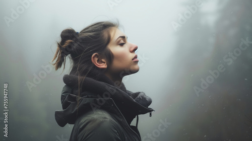 Serene Woman Standing In Misty Forest During Early Morning Hours