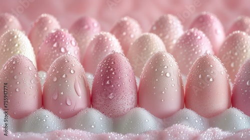 a group of pink and white eggs with drops of water on them, on a pink surface, with a pink background.