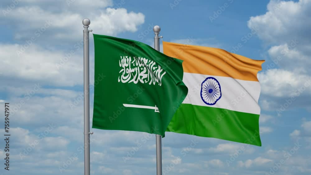 India and Saudi Arabia two flags waving together, looped video, two country relations concept