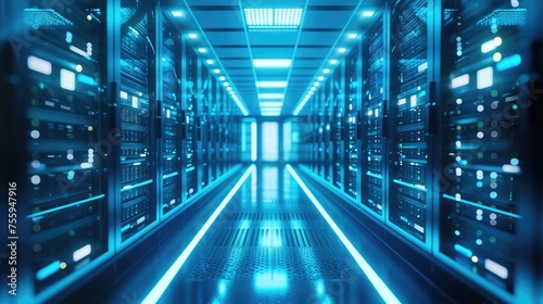 A parallel row of servers, adorned in electric blue, fills a technology-driven data center hallway with a symmetrical display of power and Azure technology. AIG41