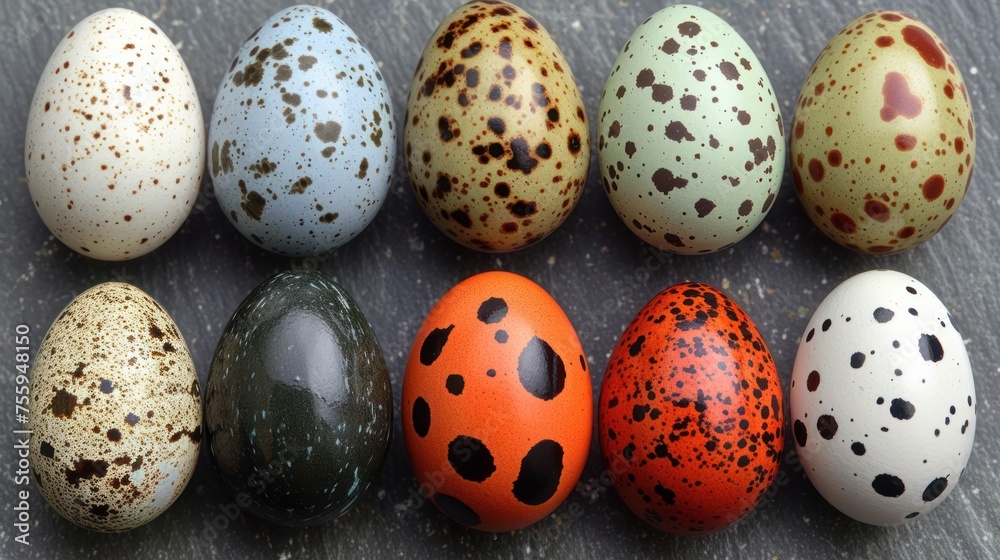 a group of different colored eggs sitting next to each other on top of a gray surface next to each other. a group of different colored eggs sitting next to each other on top of a gray surface next to each other.