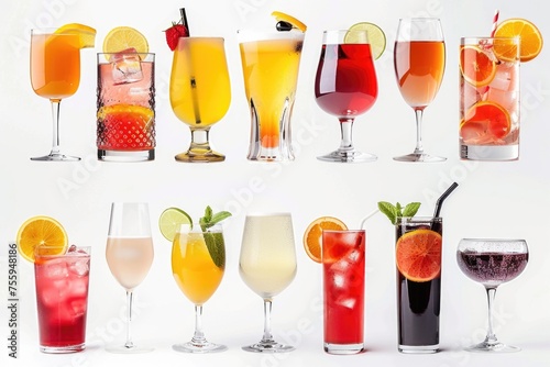 Different types of drinks in various glasses. Perfect for menus or beverage advertisements.