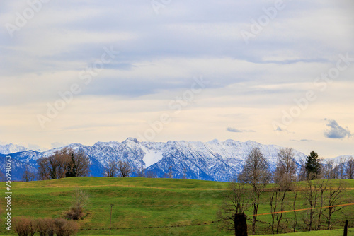 View of the Oberammergau Alps from a road near Uffing am Staffelsee in the district of Garmisch Partenkirchen in Bavaria on a sunny spring day with a blue sky photo