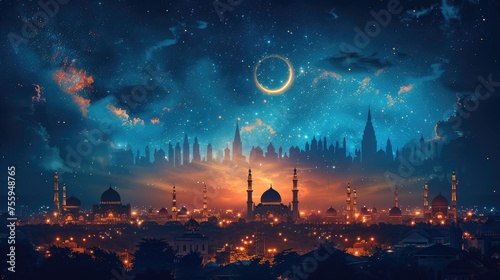 Islamic Mosque and lantern for Eid celebration banner poster design © Sanuar_husen