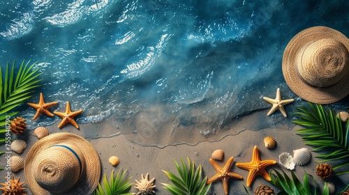 Beach Scene With Starfish, Palm Leaves, and Hats