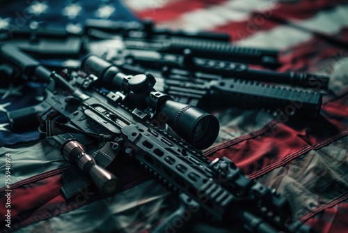 Set of american tactical rifles with optical sights on american flag background