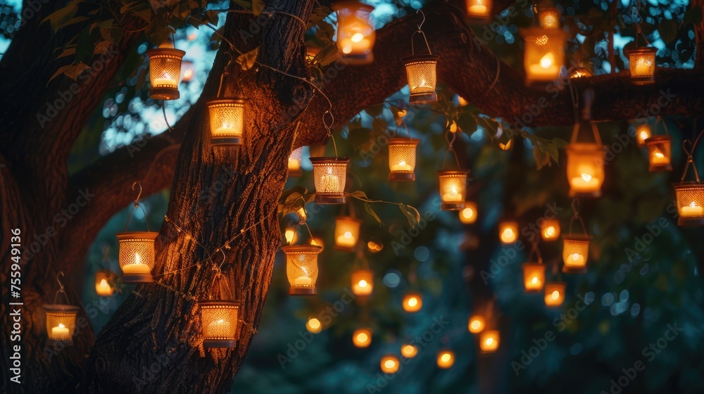 A tree adorned with glowing candles, perfect for festive decorations. A tree adorned with glowing candles, perfect for festive decorations.