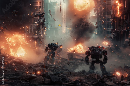 Ruined Cityscape Battle with Explosive Encounters. Generate a highly detailed, super-realistic portrayal of a battleground where robots duel amidst the downfall of civilization.