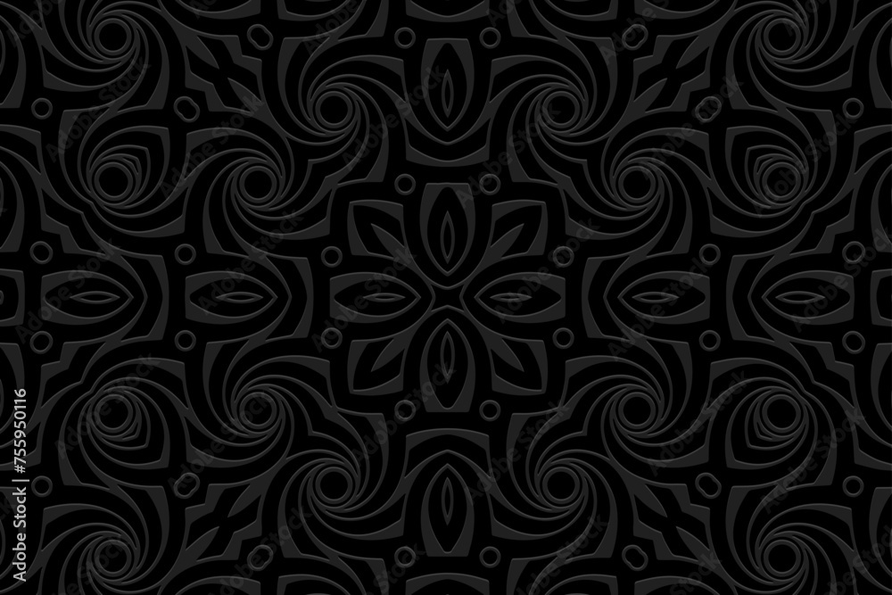 Embossed black background, unique cover design. Geometric 3D pattern, handmade. Ornaments, arabesques, boho style. Design and decor in the best traditions of the peoples of the East, Asia, India.