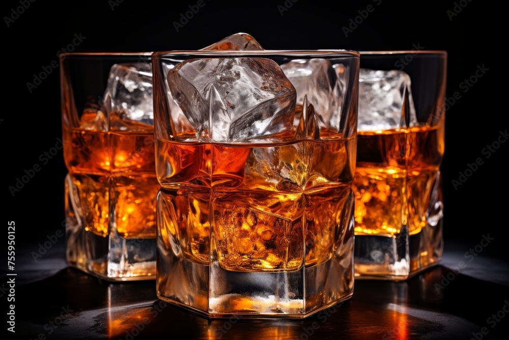 Whiskey on the Rocks. Premium Scotch in Elegant Glass with Ice Cubes for Refined Palates