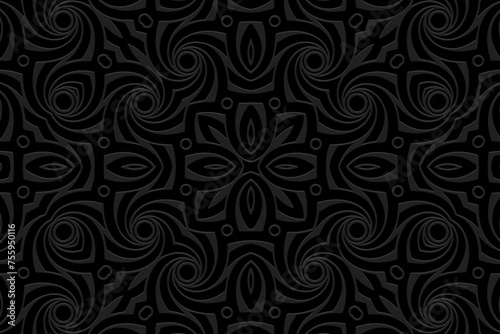 Embossed black background, unique cover design. Geometric 3D pattern, handmade. Ornaments, arabesques, boho style. Design and decor in the best traditions of the peoples of the East, Asia, India.