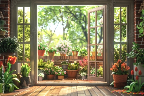 Open door with beautiful flowers in the garden  Spring background