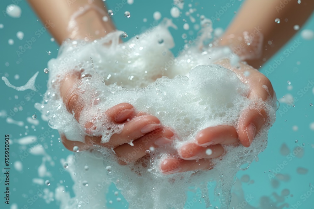 Realistic close up of foam in female hand, on light blue background. Closeup of woman washing hands on light blue background. Hygiene and body care concept. Realistic close up of foam in female hand, on light blue background. Closeup of woman washing hands on light blue background. Hygiene and body care concept.