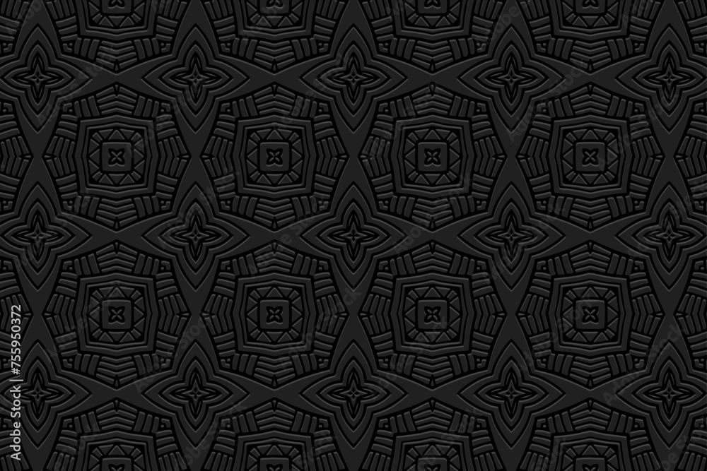 custom made wallpaper toronto digitalEmbossed black background, fashionable cover design. Geometric 3D pattern, handmade. Ornaments, arabesques, boho style. Design and decor in the best traditions of the peoples of the East, Asia, India