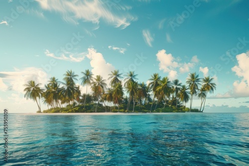 A small island surrounded by palm trees. Perfect for travel brochures.