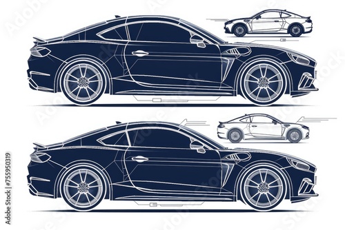 Detailed blueprint of a sports car, suitable for design projects.