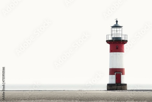A picturesque lighthouse standing on a sandy beach, perfect for coastal themed designs.