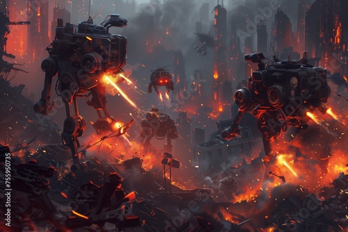 Explosive Engagement in a Collapsed Metropolis. Design a vivid, ultra-realistic image capturing the moment of combat between advanced robots within the ruins of a vast city.