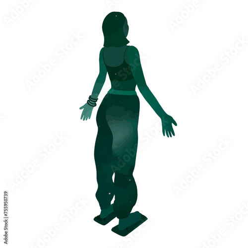 Female standing on nails Sadhu board vector colorful illustration. Hand drawn woman standing on needle board, meditation yoga pose silhouette. Wellbeing illustration.