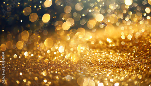 Golden sparkle glitters with bokeh effect and selectieve focus. Festive background with bright gold lights  champagne bubble. Christmas mood concept. Copy space  close up  texture  top view.