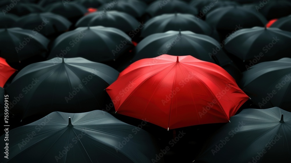 A row of umbrellas with one red umbrella in the middle