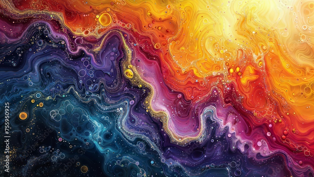 A captivating blend of fluid shapes and bubbles in a vibrant color palette ranging from deep purples and blues to fiery oranges and yellows. 