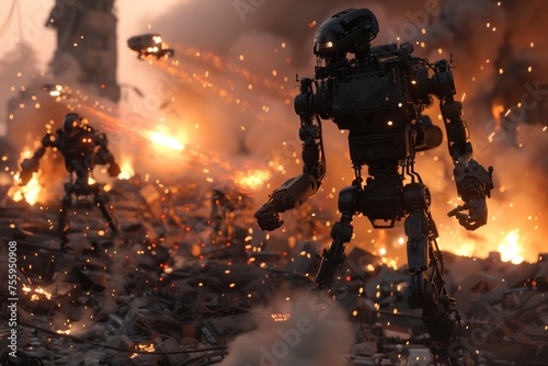 Fiery Clash in the City's Ruins.' Craft a super-realistic scene depicting an intense firefight between robots amidst the rubble of a once-thriving city.