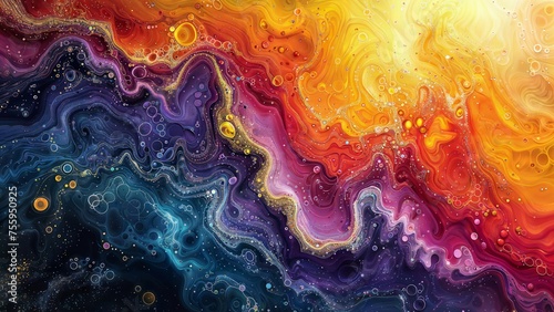 A captivating blend of fluid shapes and bubbles in a vibrant color palette ranging from deep purples and blues to fiery oranges and yellows. 
