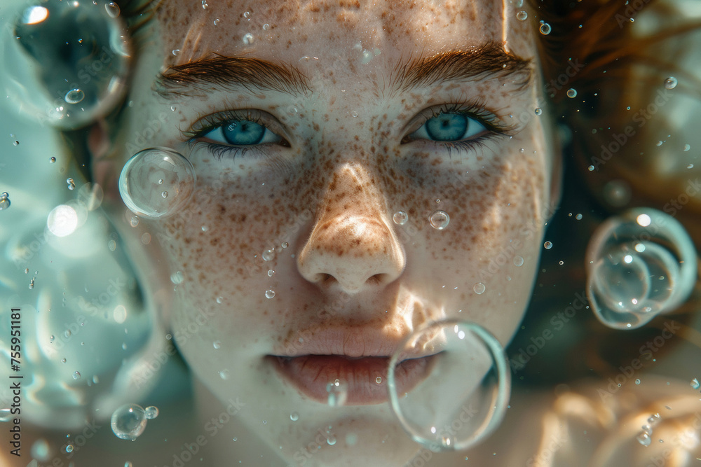 Serene Underwater Beauty: Close-up of a young woman's face surrounded by air bubbles Serene Underwater Beauty: Close-up of a young woman's face surrounded by air bubbles