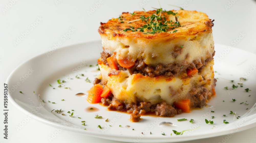 Delicious close-up shot of traditional shepherd's pie garnished with herbs Delicious close-up shot of traditional shepherd's pie garnished with herbs