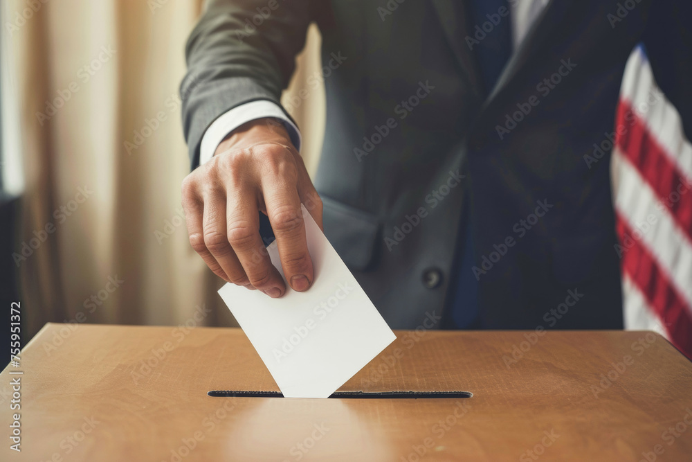 A person casting a ballot with the American flag in the background, epitomizing the democratic process A person casting a ballot with the American flag in the background, epitomizing the democratic process