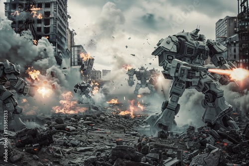 Robots Warfare Amidst Urban Decay.' Create an ultra-realistic image of robots locked in a fierce exchange of fire, set against the backdrop of a crumbled urban landscape. photo