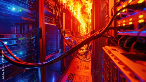 Data center with fire hazard scenario - A tense scene of a server room with cabling and racks on fire, suggesting significant digital danger photo