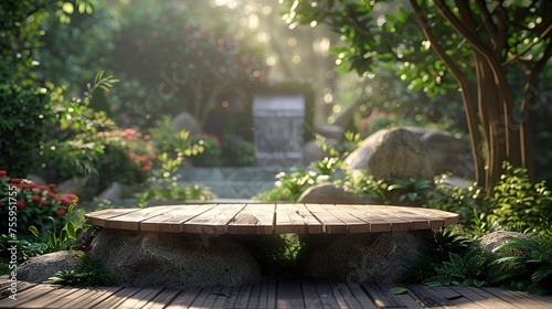 A rustic 3D circle wood podium set against a serene nature background, blending natural elements with modern design