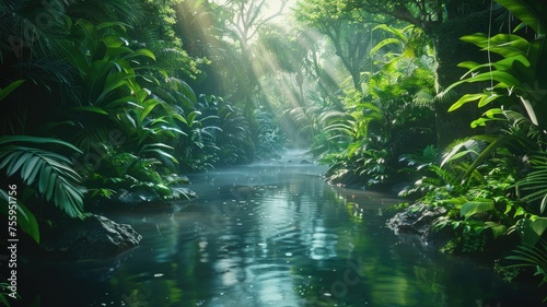 Tranquil river flowing through dense jungle - This captivating image shows a calm river winding through a lush green jungle, evoking a sense of peace and wilderness