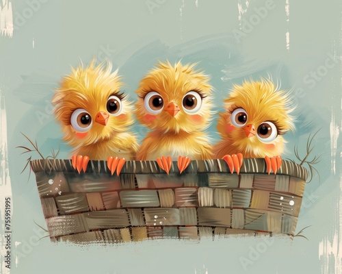 Fluffy chick siblings in a woven basket, an enchanting illustration of togetherness © paffy