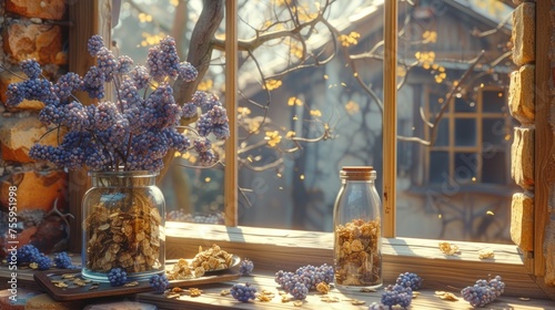 a window sill filled with blue flowers next to a plate of cookies and a jar of dried lavenders.