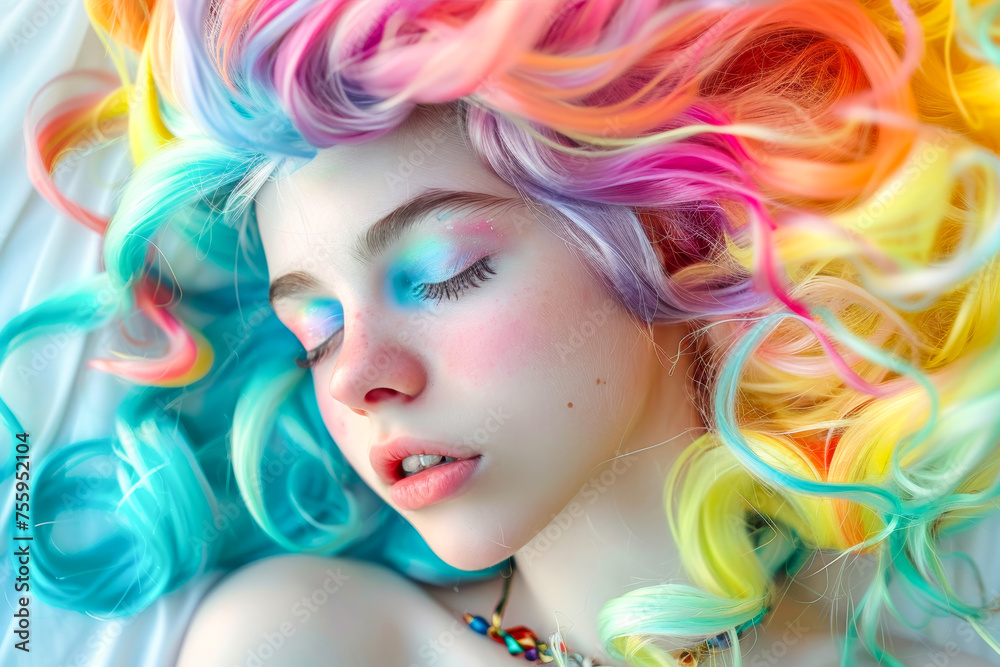 Closeup of a young sleeping beauty with vivid makeup, eye shadows and rainbow coloured hair.