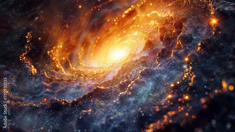A powerful and dynamic cosmic scene, resembling an exploding supernova or a vibrant, swirling nebula. At the center is a brilliant, glowing core surrounded by twisting. - obrazy, fototapety, plakaty 