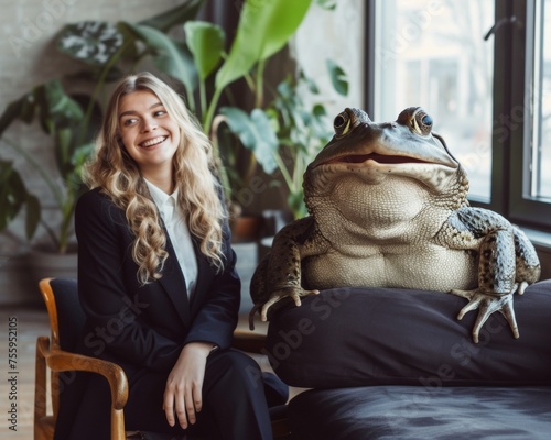 Woman sitting in chair next to a large frog outdoors. photo