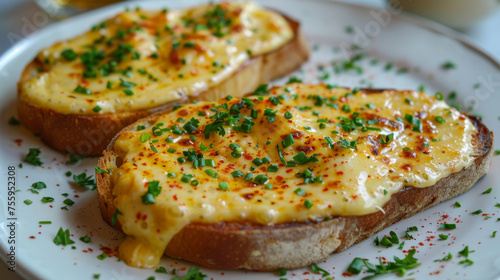 Gourmet cheese melt on toast with chives