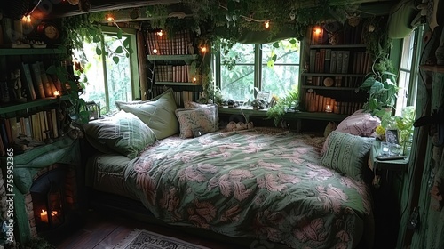 a bed room with a neatly made bed and a lot of books on the shelves and a rug on the floor. photo