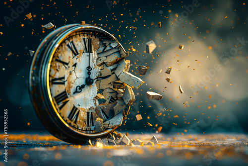 old antique clock explodes into pieces. Time is running out, no time left, and deadline concept photo