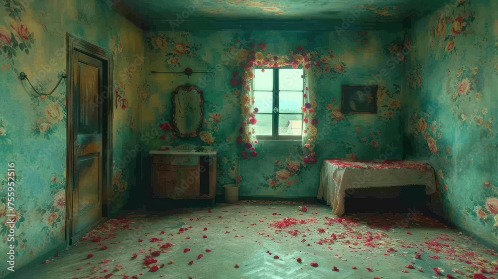 a room with a bed, dresser, mirror, and rose petals on the floor in front of a window. a room with a bed, dresser, mirror, and rose petals on the floor in front of a window.