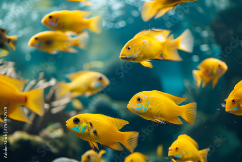 Bunch of Electric yellow cichlids in the sea, African cichlids (Malawi Peacock), group of yellow small fish, metallic blue gray cichlids in freshwater, Haplochromis obliquidens, fish wallpaper concept photo
