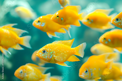 Bunch of Electric yellow cichlids in the sea, African cichlids (Malawi Peacock), group of yellow small fish, metallic blue gray cichlids in freshwater, Haplochromis obliquidens, fish wallpaper concept photo