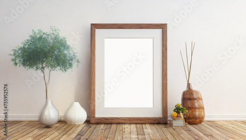 Horizontall wood frame mock up. Wooden frame poster on wooden floor with white wall. Landscape frame photo