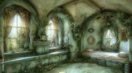 a painting of a bedroom with green walls and a bed in the middle of the room with flowers on the walls. photo